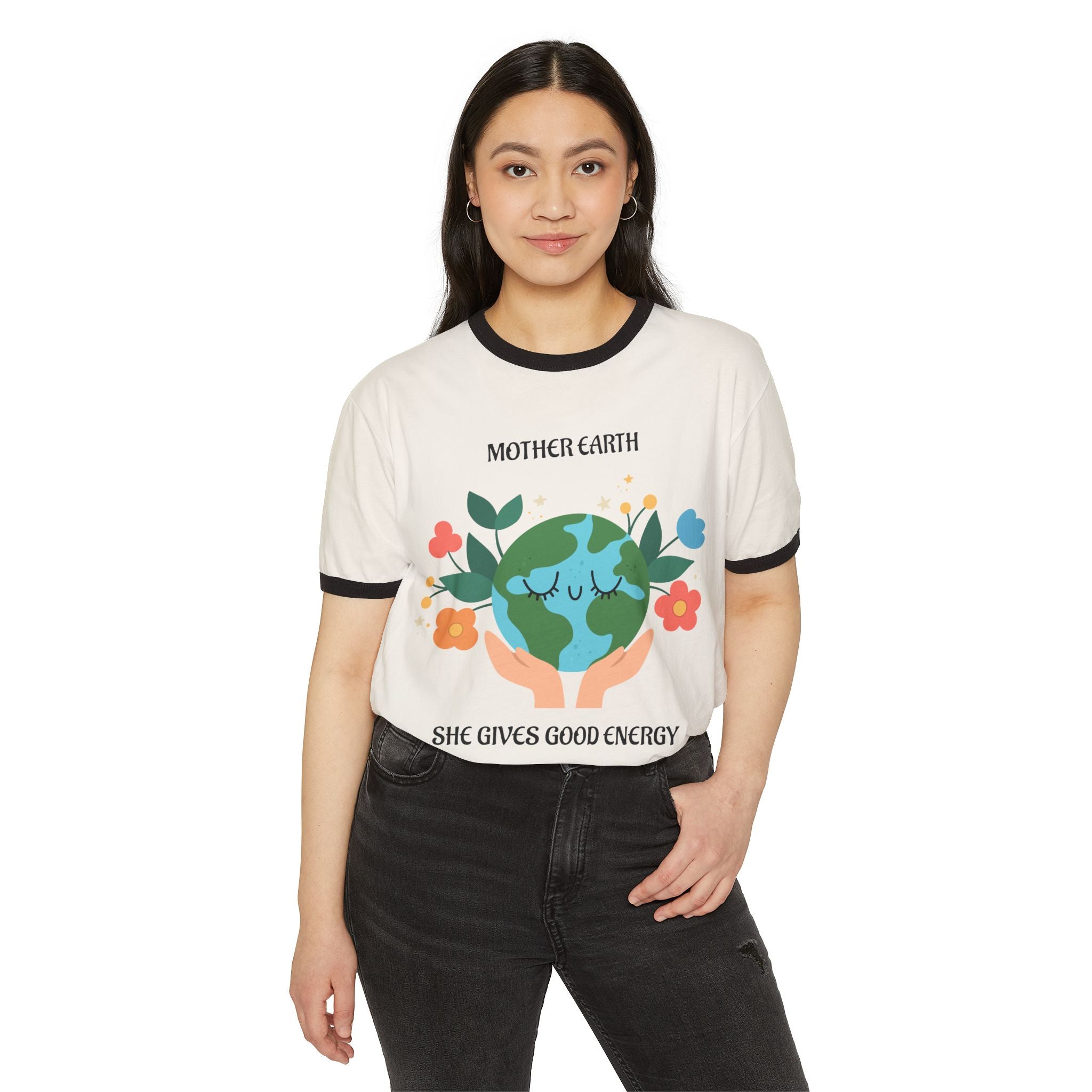 Mother Earth Graphic Ringer Tee — "She Gives Good Energy" Eco Love T‑Shirt