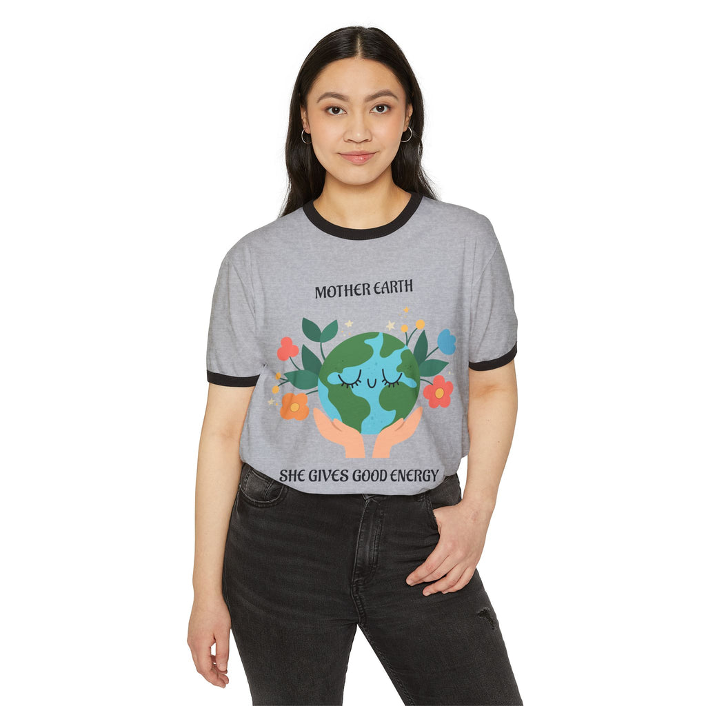 Mother Earth Graphic Ringer Tee — "She Gives Good Energy" Eco Love T‑Shirt