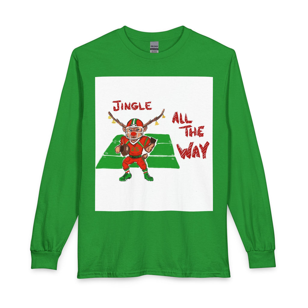 Jingle All The Way Football Long Sleeve T-Shirt — Holiday Gridiron Elf Tee, designed by GIGI