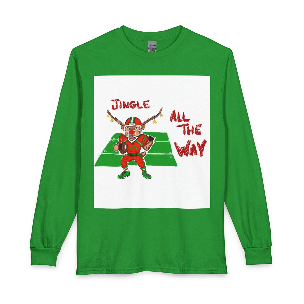 Jingle All The Way Football Long Sleeve T-Shirt — Holiday Gridiron Elf Tee, designed by GIGI