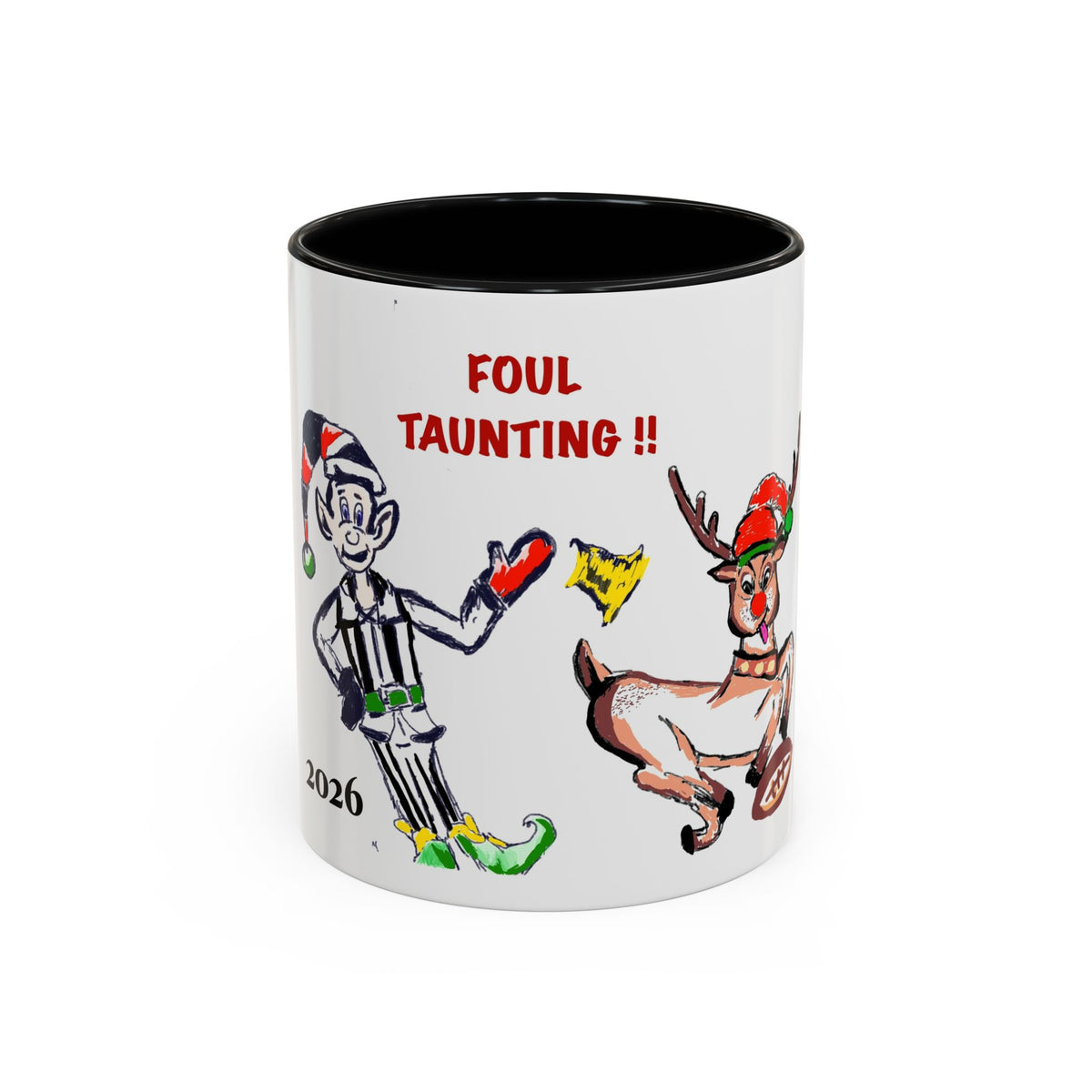 Foul Taunting!! Christmas Elf vs Reindeer Coffee Mug, designed by GIGI, (11/15 oz)