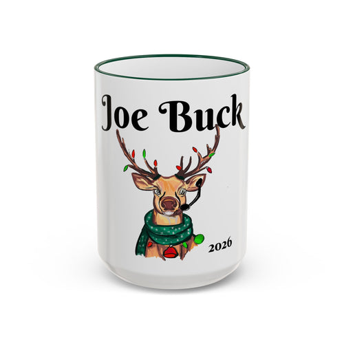 "Joe" Buck Reindeer Christmas Mug, designed by GIGI — Accent Rim & Handle Holiday Coffee Cup (11oz, 15oz),