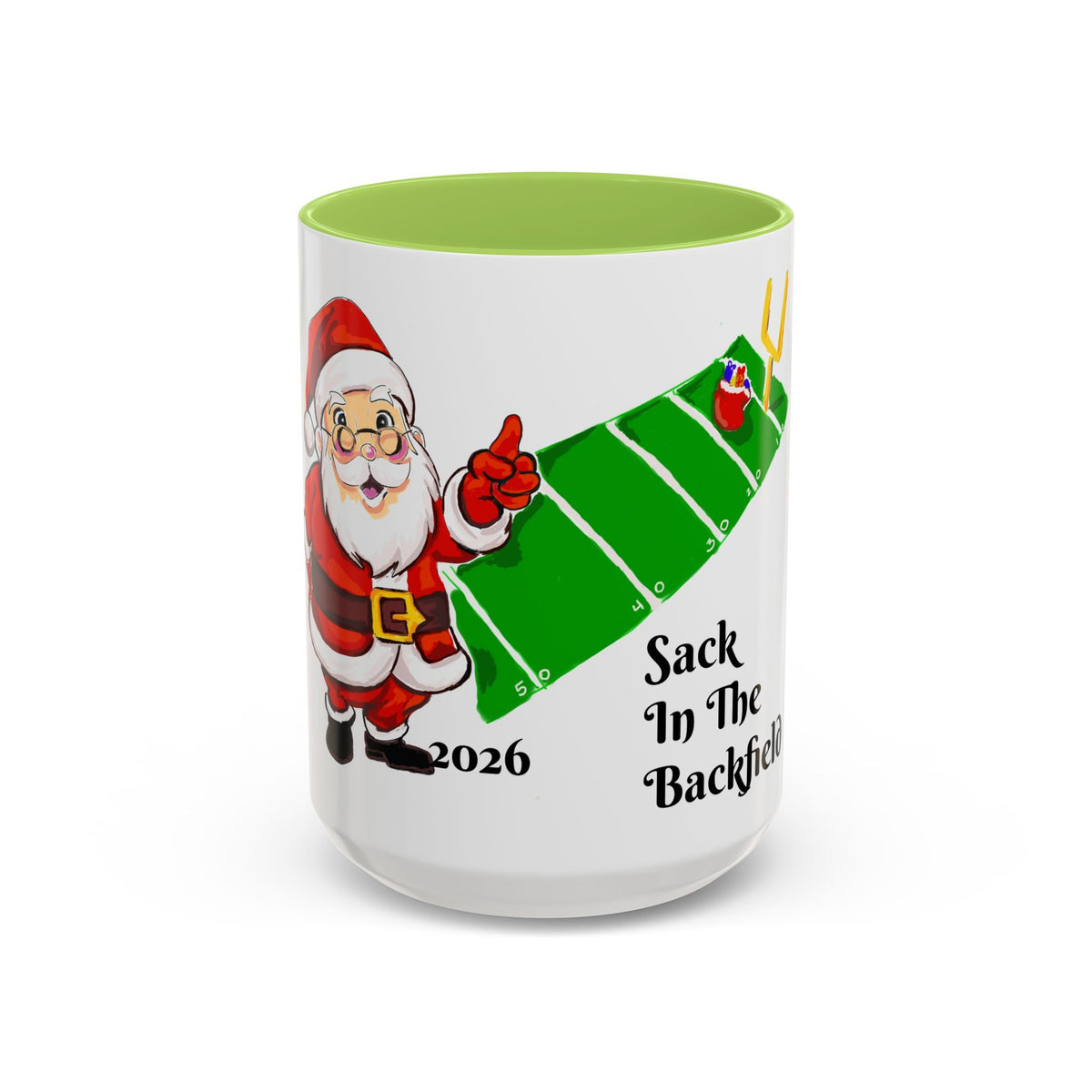 Christmas Football Coffee Mug — “Sack In The Backfield” Santa Accent Mug, designed by GIGI