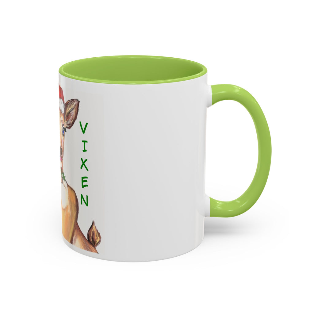 "Vixen" Reindeer Christmas Coffee Mug Designed by GIGI— Festive Santa Hat Accent Mug (11/15oz)