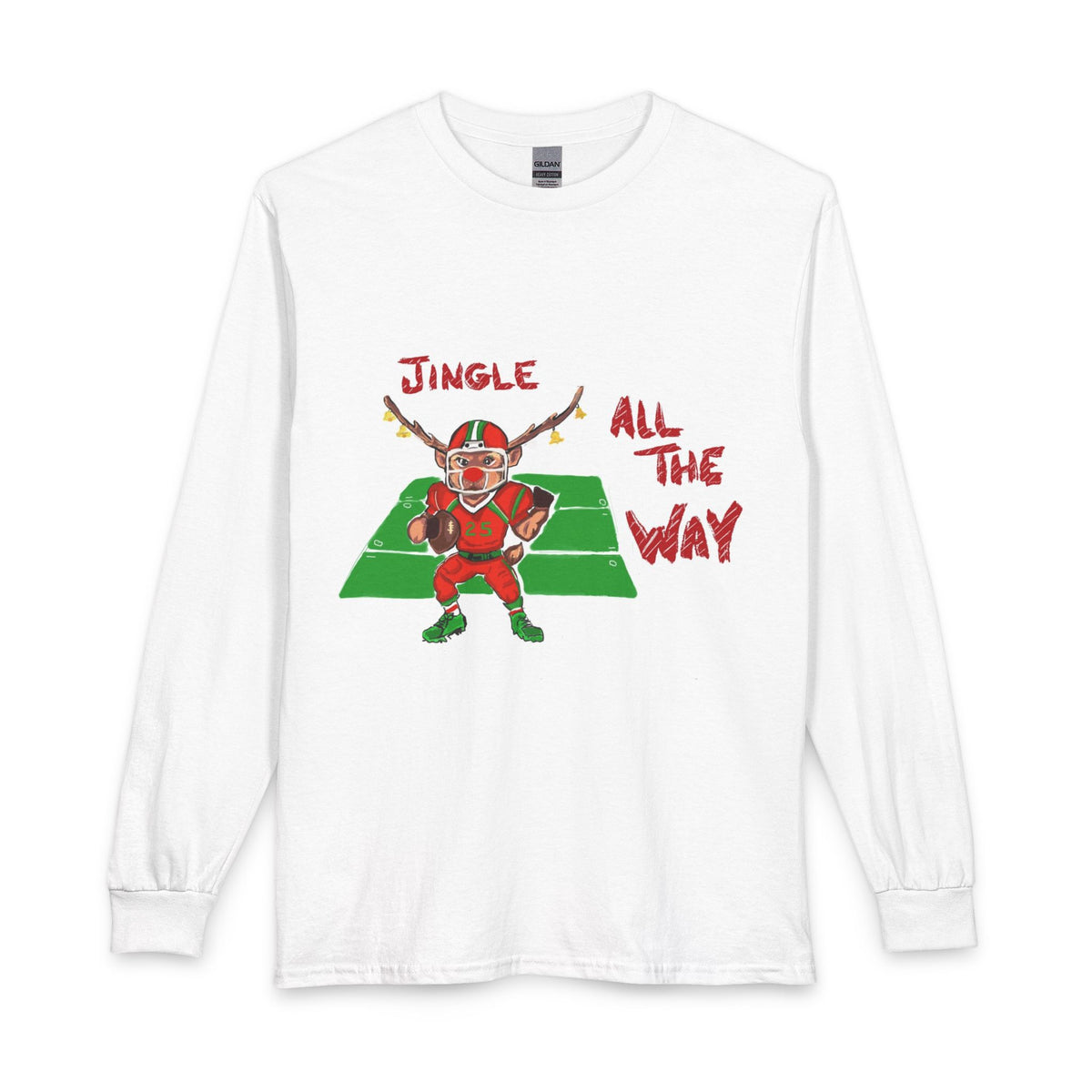 Jingle All The Way Football Long Sleeve T-Shirt — Holiday Gridiron Elf Tee, designed by GIGI