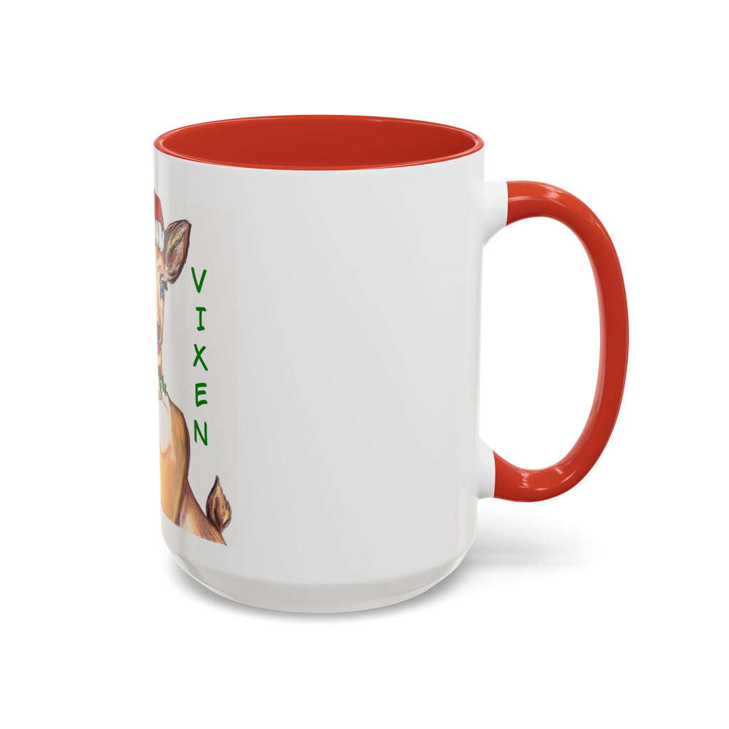"Vixen" Reindeer Christmas Coffee Mug Designed by GIGI— Festive Santa Hat Accent Mug (11/15oz)