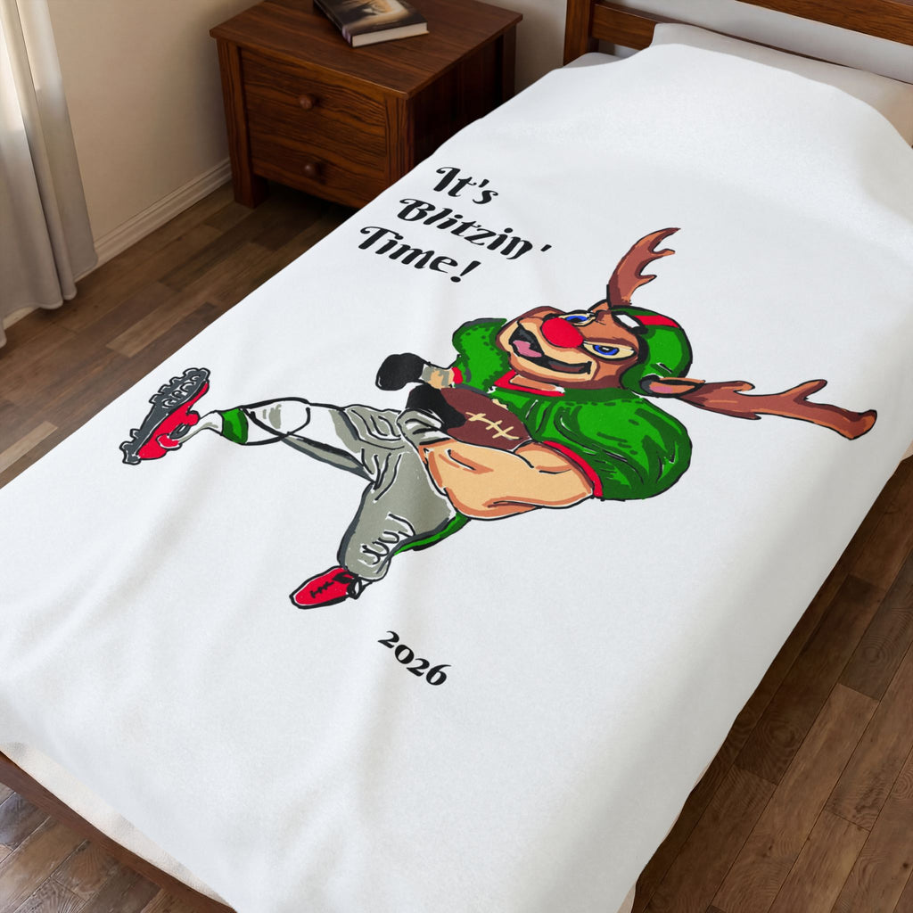 Plush Blanket — "It's Blitzin' Time!" Football Reindeer Holiday Throw, exclusively by GIGI