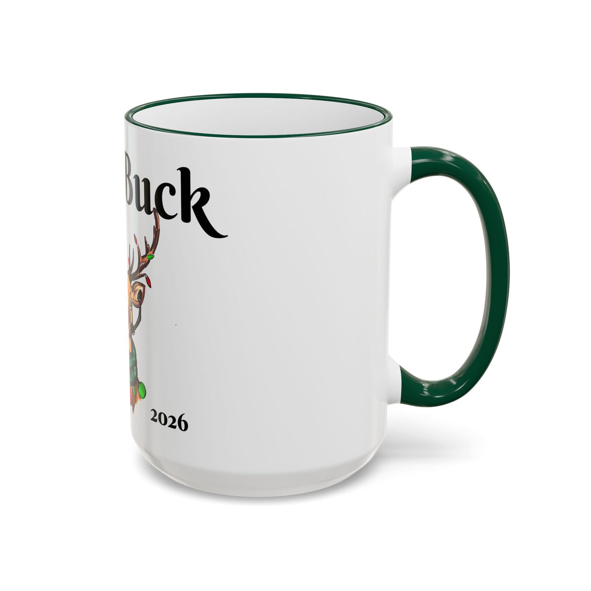 "Joe" Buck Reindeer Christmas Mug, designed by GIGI — Accent Rim & Handle Holiday Coffee Cup (11oz, 15oz),