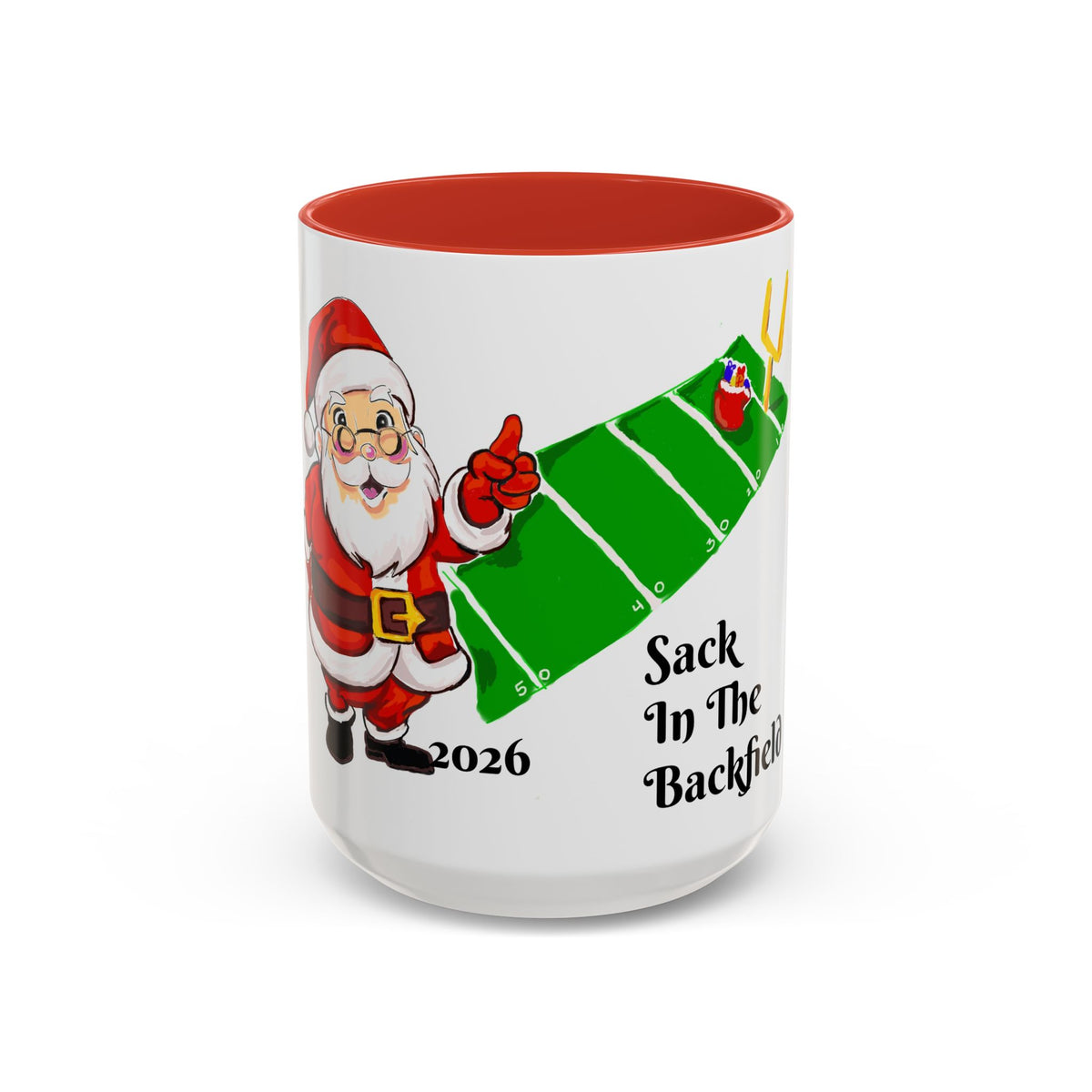 Christmas Football Coffee Mug — “Sack In The Backfield” Santa Accent Mug, designed by GIGI