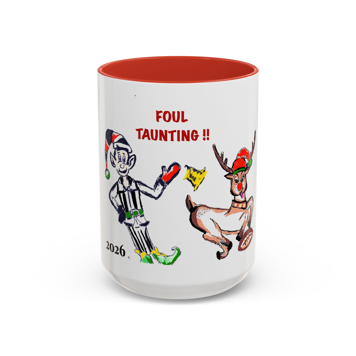 Foul Taunting!! Christmas Elf vs Reindeer Coffee Mug, designed by GIGI, (11/15 oz)