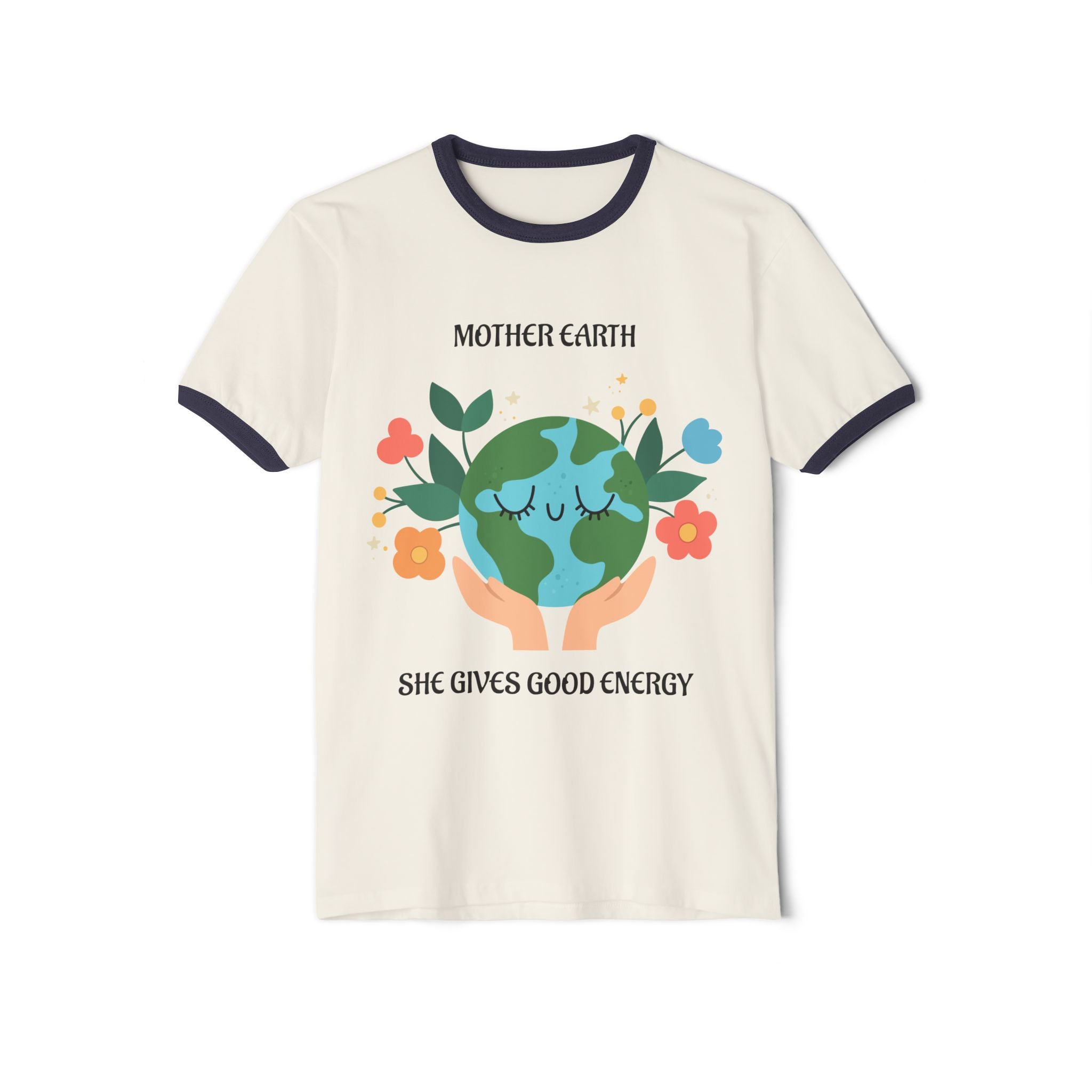 Mother Earth Graphic Ringer Tee — "She Gives Good Energy" Eco Love T‑Shirt