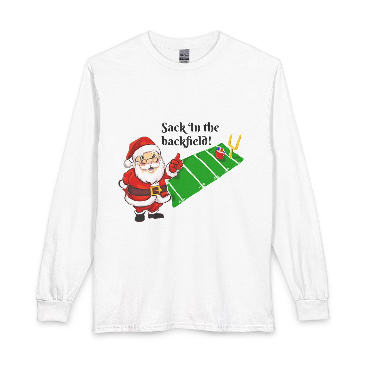 Christmas Football Long Sleeve Shirt - "Sack 'In the backfield!" Santa Graphic, designed by GIGI