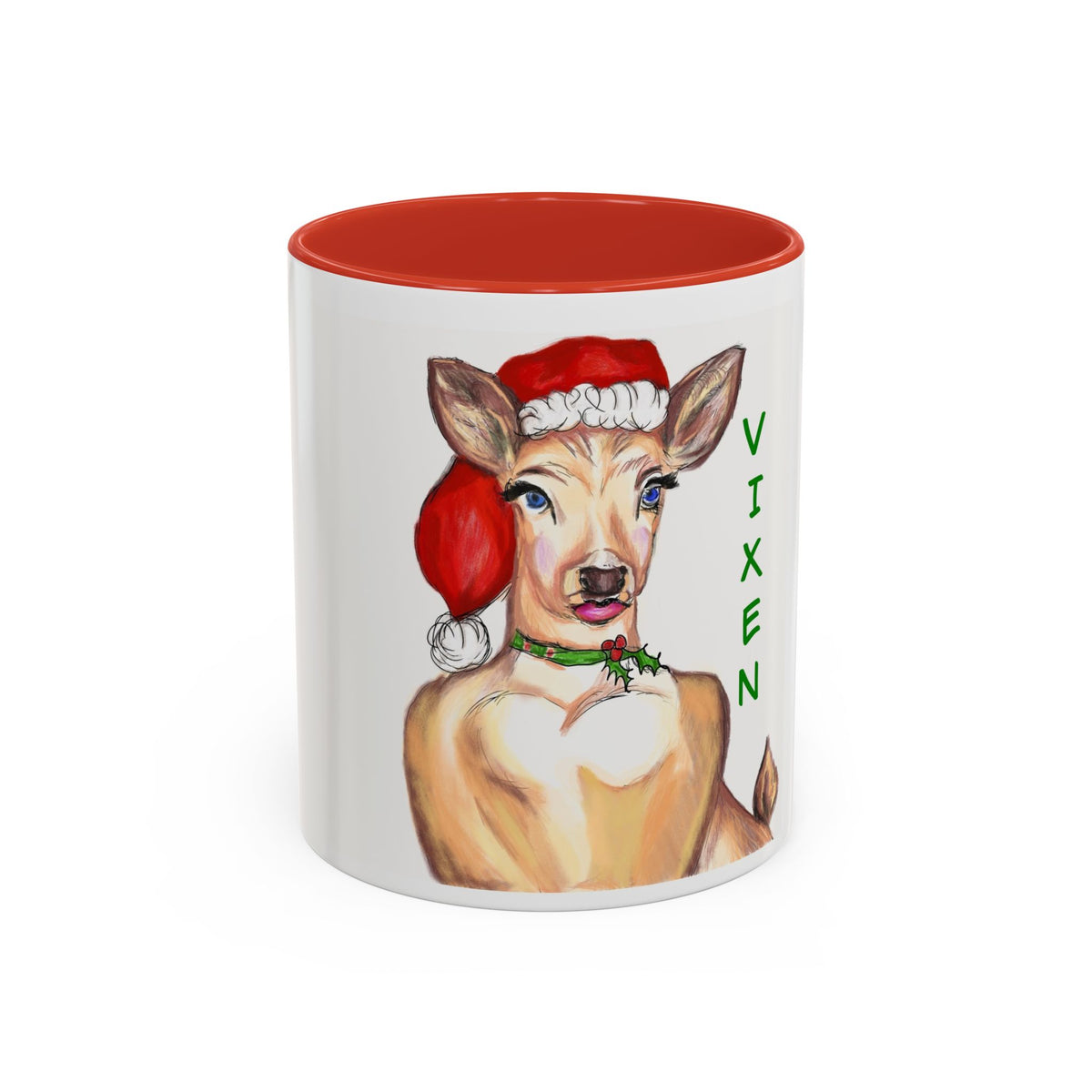 "Vixen" Reindeer Christmas Coffee Mug Designed by GIGI— Festive Santa Hat Accent Mug (11/15oz)