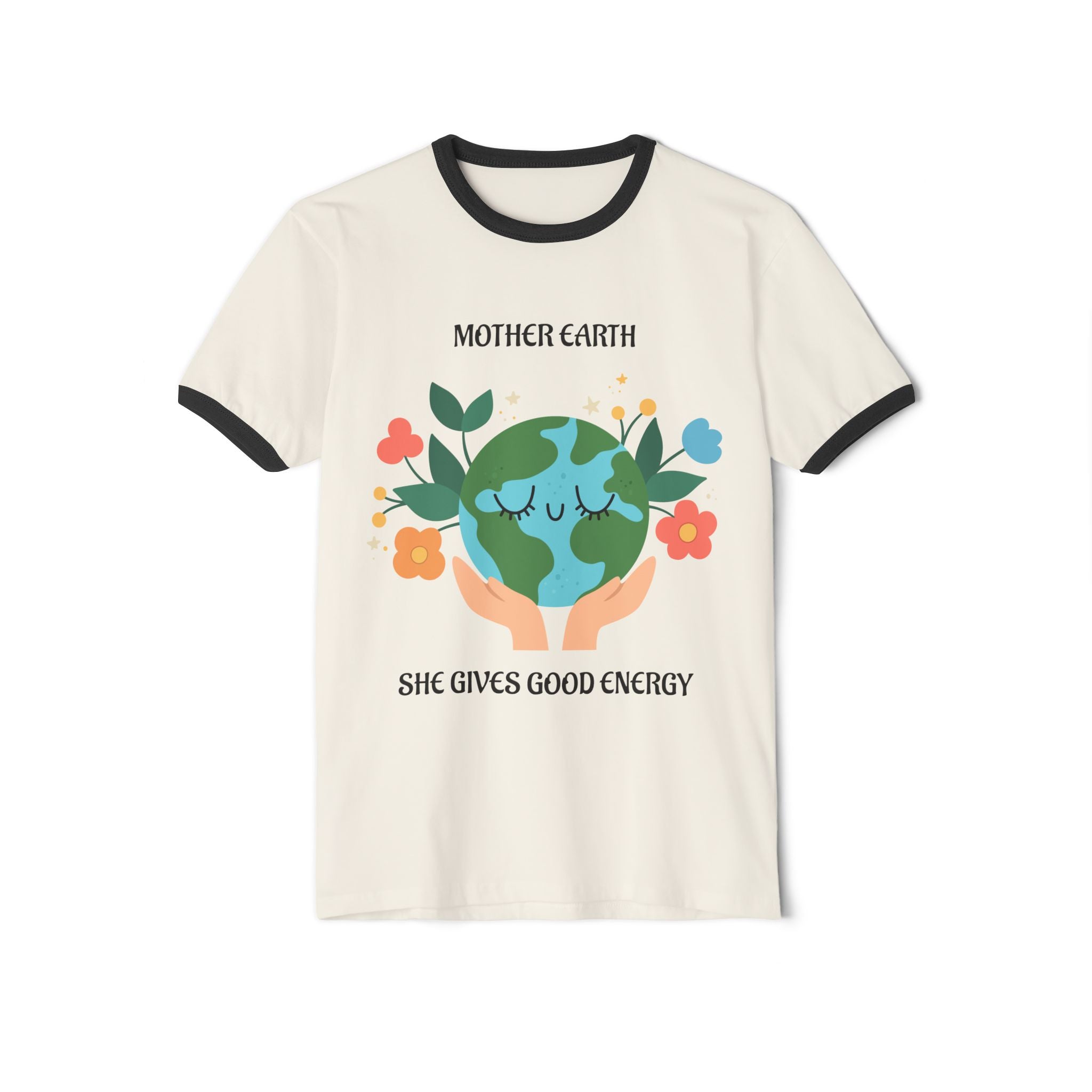 Mother Earth Graphic Ringer Tee — "She Gives Good Energy" Eco Love T‑Shirt