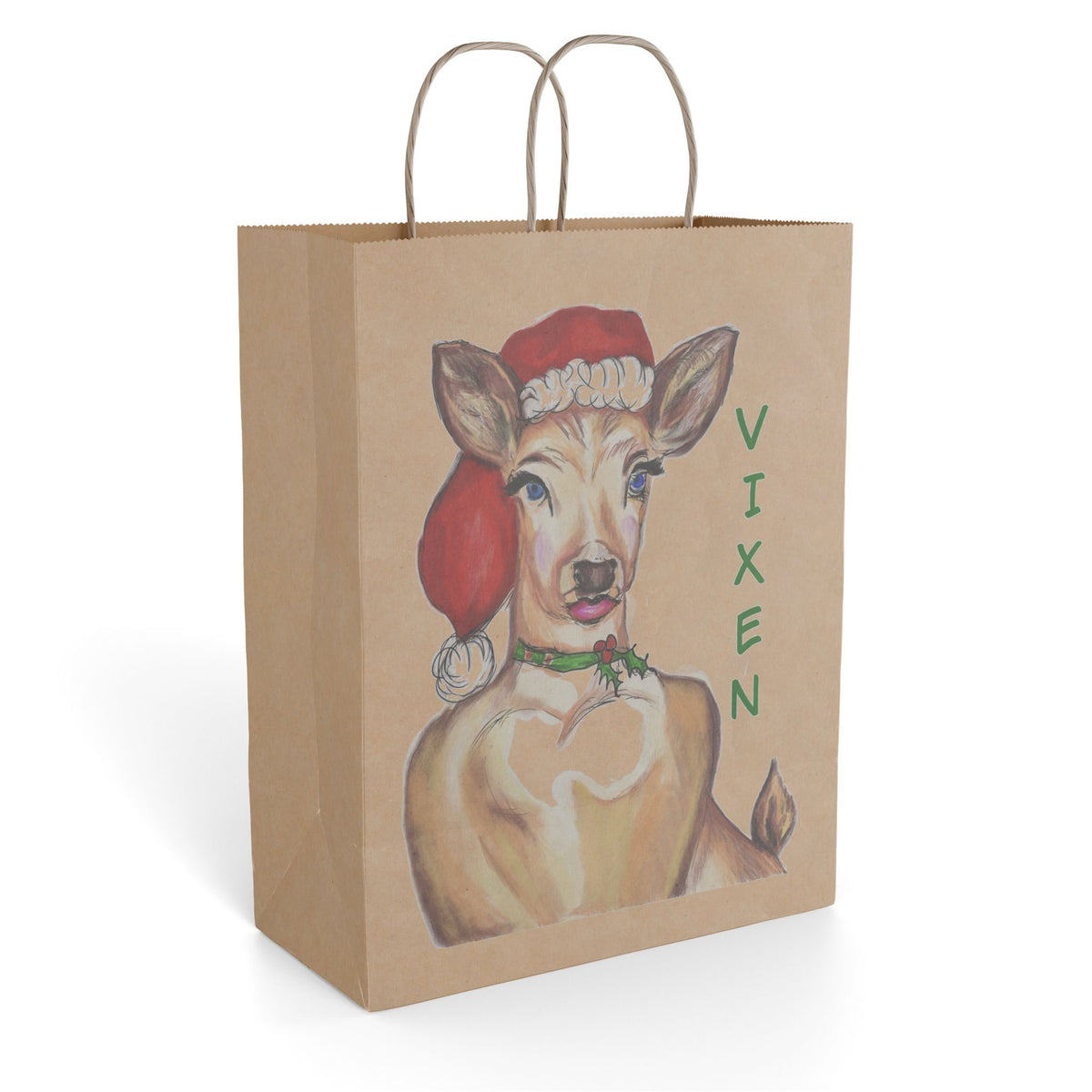 "Vixen" Reindeer Santa Hat Paper Gift Bag Designed by GIGI — Festive Holiday Gift Sack