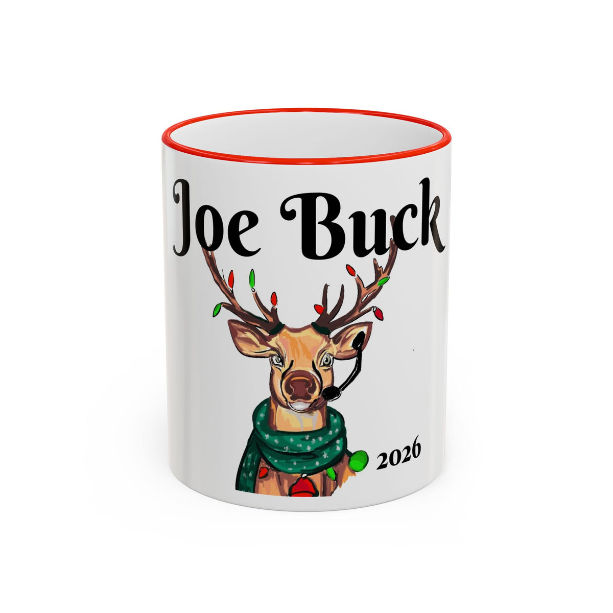 "Joe" Buck Reindeer Christmas Mug, designed by GIGI — Accent Rim & Handle Holiday Coffee Cup (11oz, 15oz),