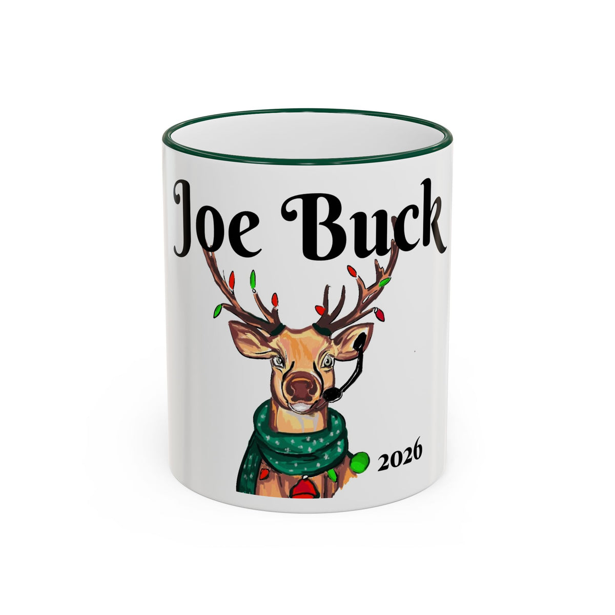 "Joe" Buck Reindeer Christmas Mug, designed by GIGI — Accent Rim & Handle Holiday Coffee Cup (11oz, 15oz),