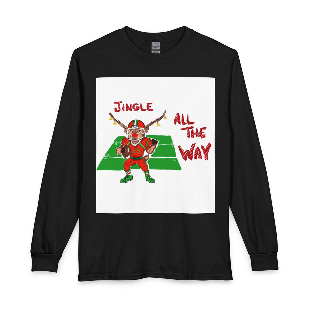 Jingle All The Way Football Long Sleeve T-Shirt — Holiday Gridiron Elf Tee, designed by GIGI