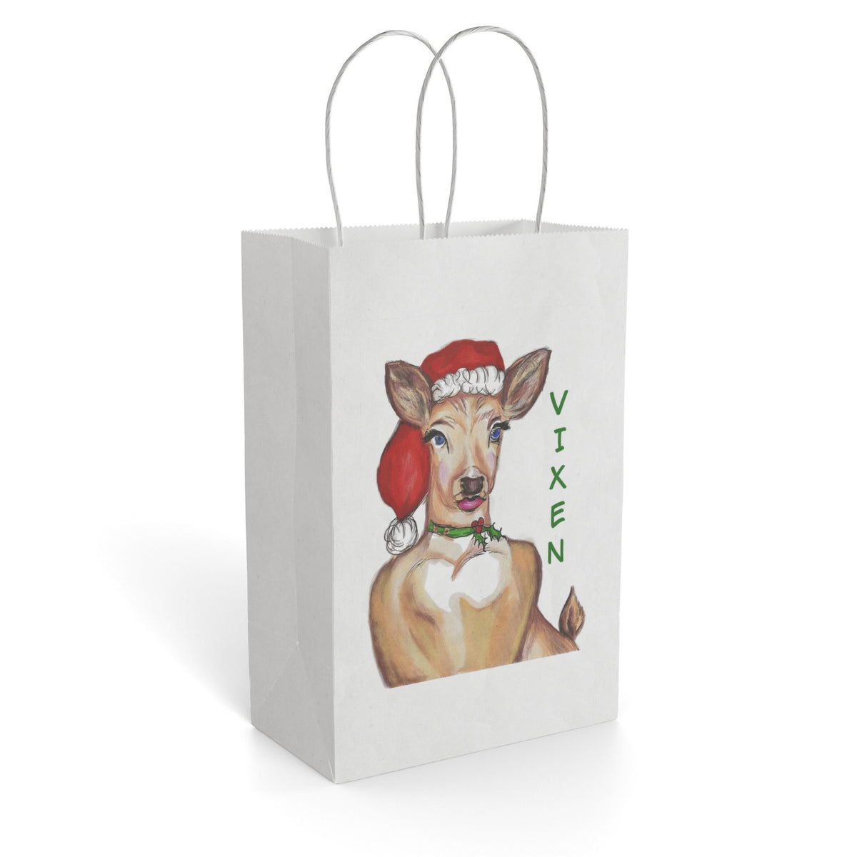 "Vixen" Reindeer Santa Hat Paper Gift Bag Designed by GIGI — Festive Holiday Gift Sack