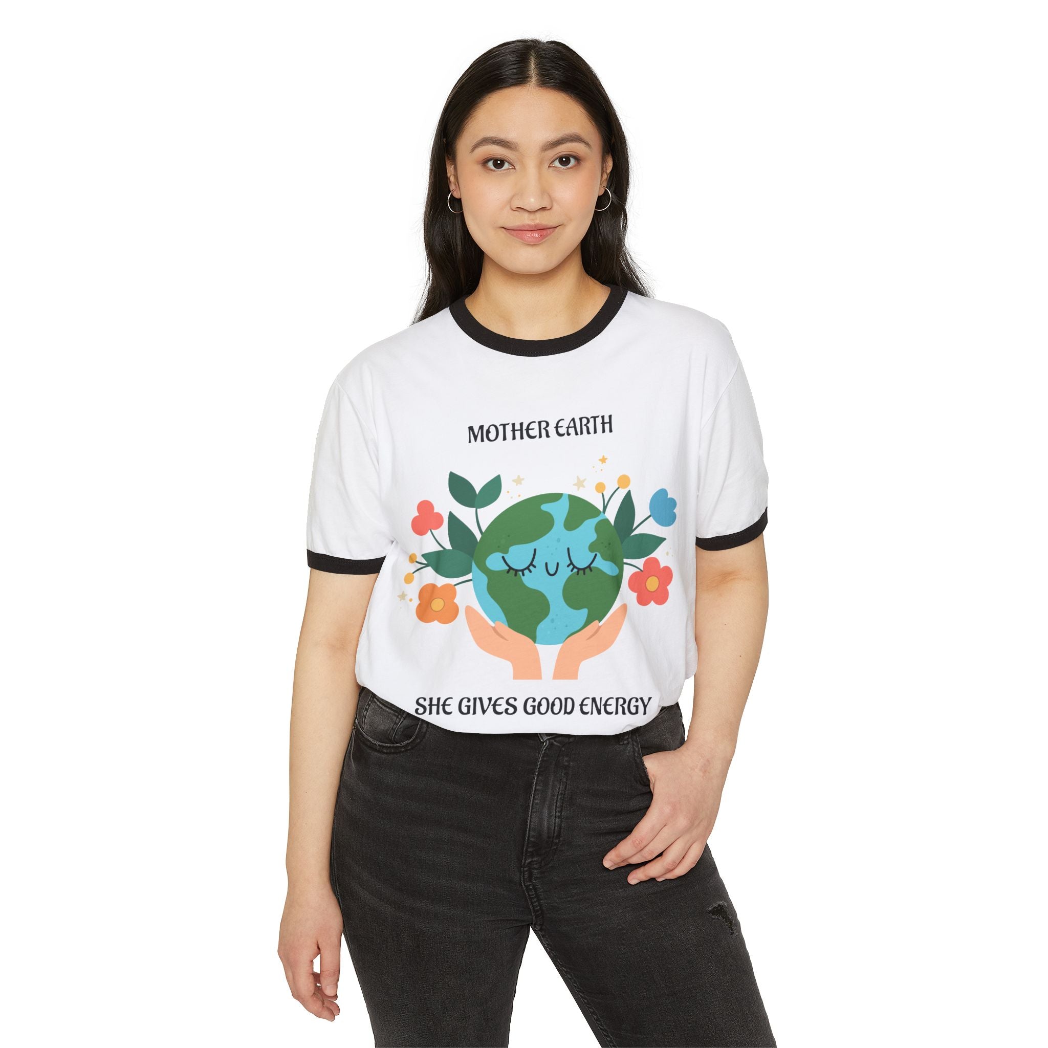 Mother Earth Graphic Ringer Tee — "She Gives Good Energy" Eco Love T‑Shirt