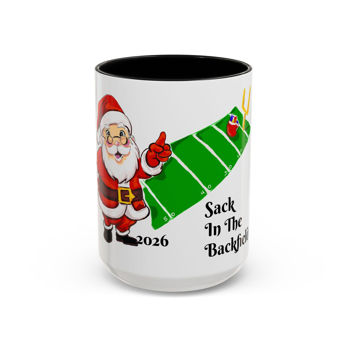 Christmas Football Coffee Mug — “Sack In The Backfield” Santa Accent Mug, designed by GIGI