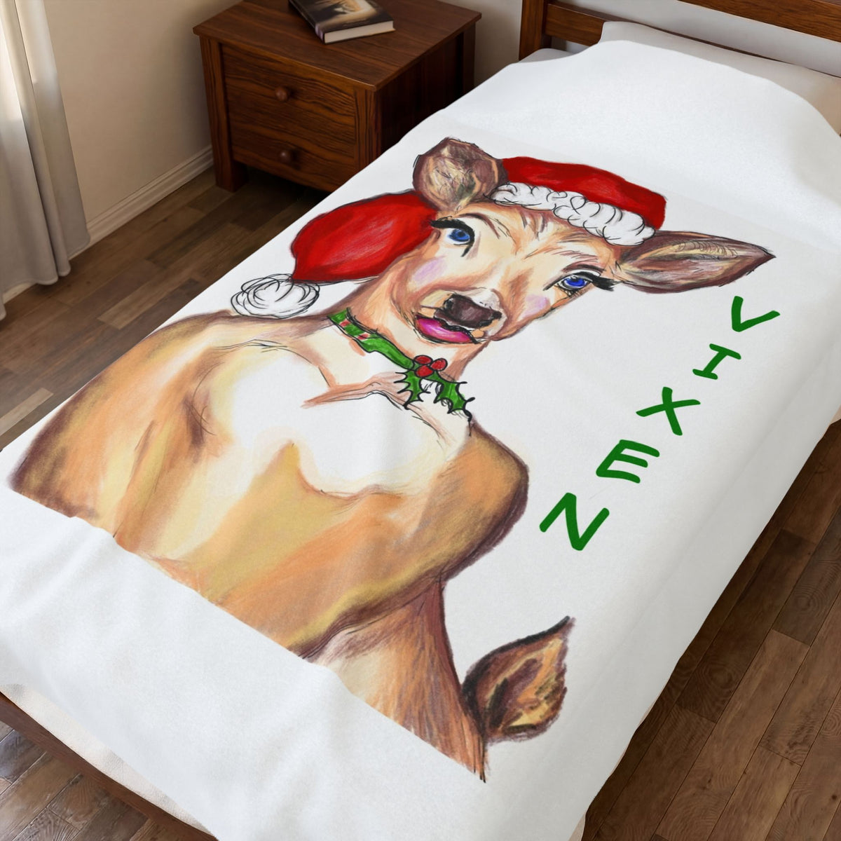 "Vixen" Christmas Reindeer Velveteen Plush Blanket - Designed by GIGI