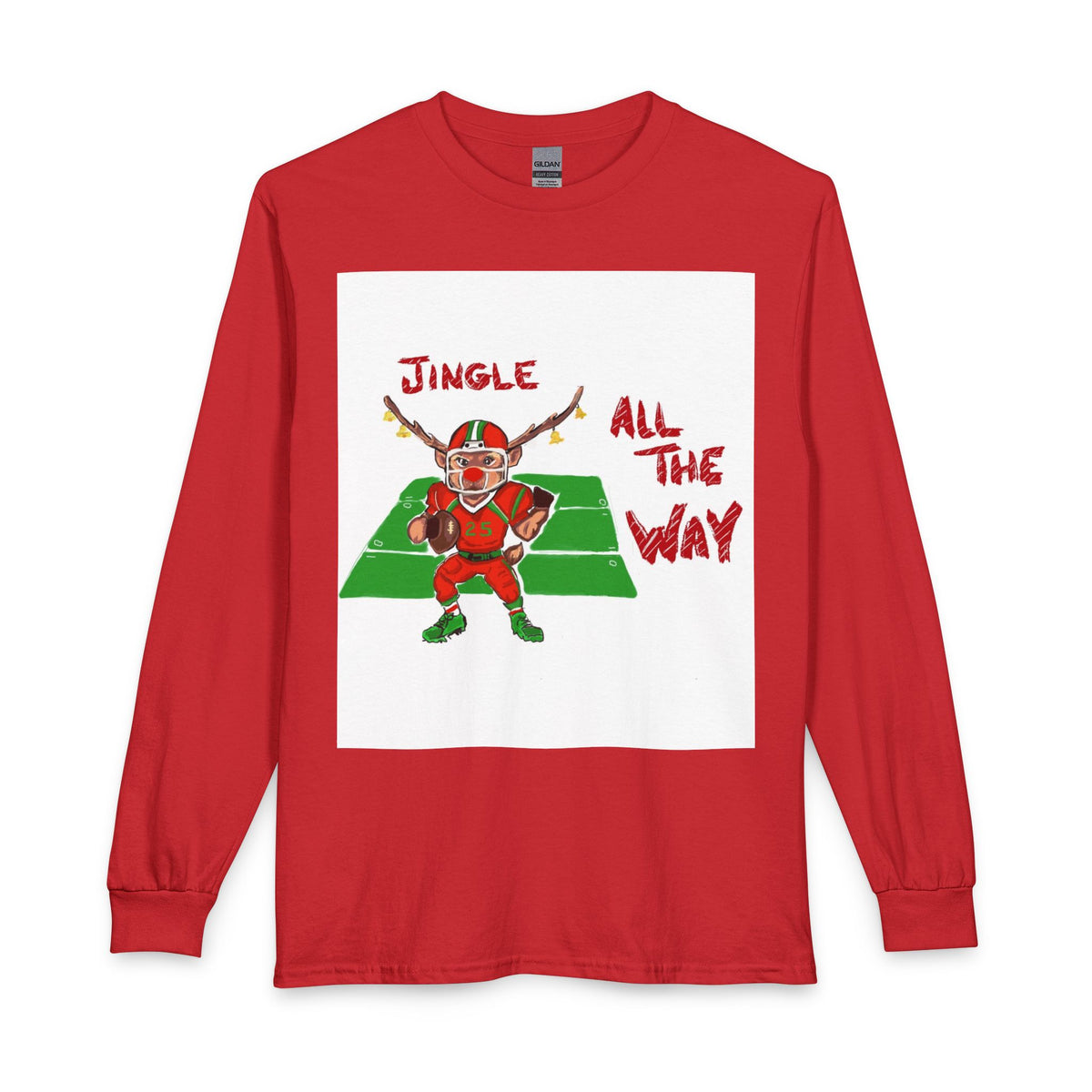 Jingle All The Way Football Long Sleeve T-Shirt — Holiday Gridiron Elf Tee, designed by GIGI