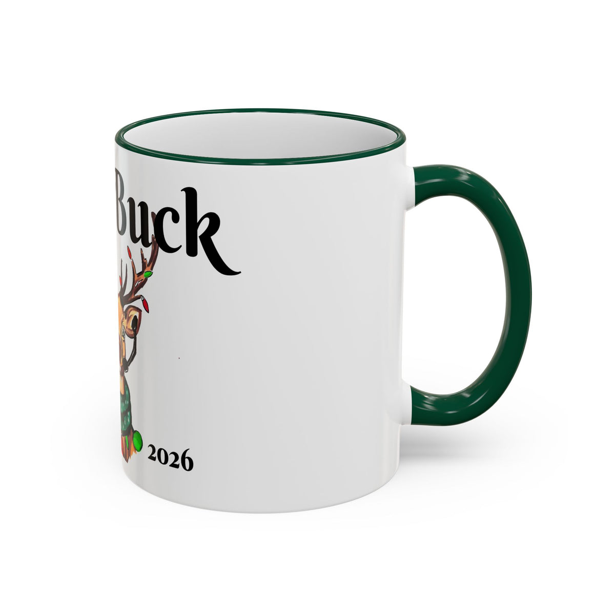 "Joe" Buck Reindeer Christmas Mug, designed by GIGI — Accent Rim & Handle Holiday Coffee Cup (11oz, 15oz),