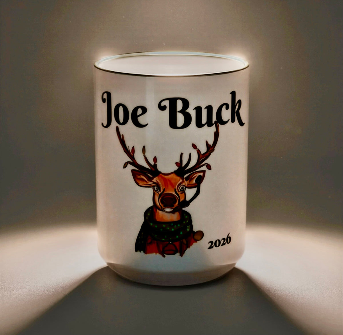 "Joe" Buck Reindeer Christmas Mug, designed by GIGI — Accent Rim & Handle Holiday Coffee Cup (11oz, 15oz),